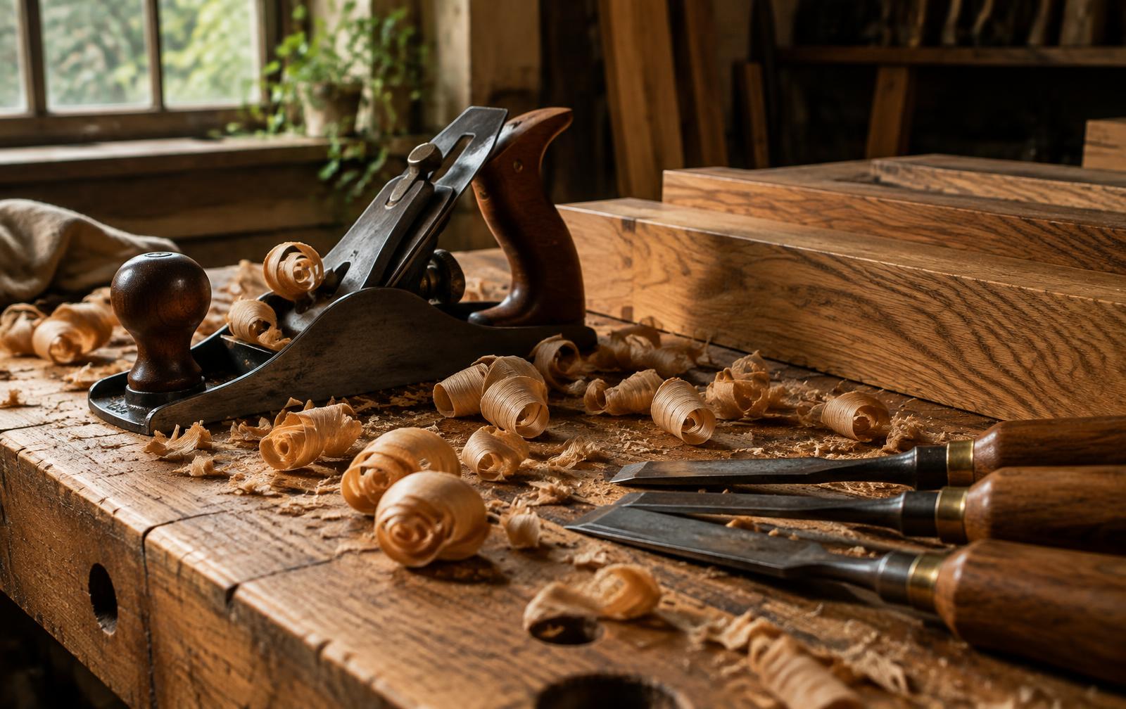 Hand plane, chisels and oak boards on a carpenter's workbench